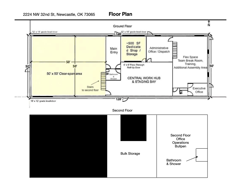 Floor plan of 2224 NW 32nd Street showing the clear-span warehouse and two-level flex/office space